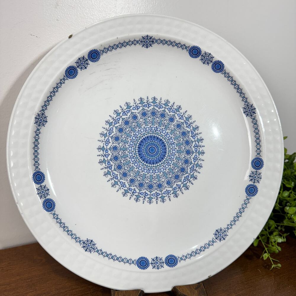 Vintage Pontesa Spain Ironstone Blue Geometric Dinner Plate 10" Rim Chip R82